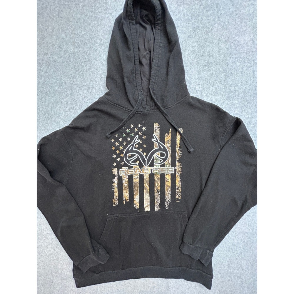 Realtree Staghorn Creek Mens Black Camo American Flag Antler Logo Hoodie L
